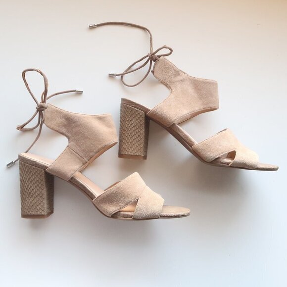 Franco Sarto Taupe Suede Strappy Round Open Toe Block Heels / Sandals / Shoes - Picture 1 of 16